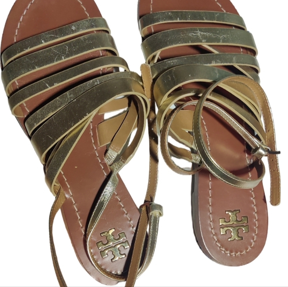 Tory Burch Gold and Tan Leather Sandals Size 9M - Picture 2 of 8
